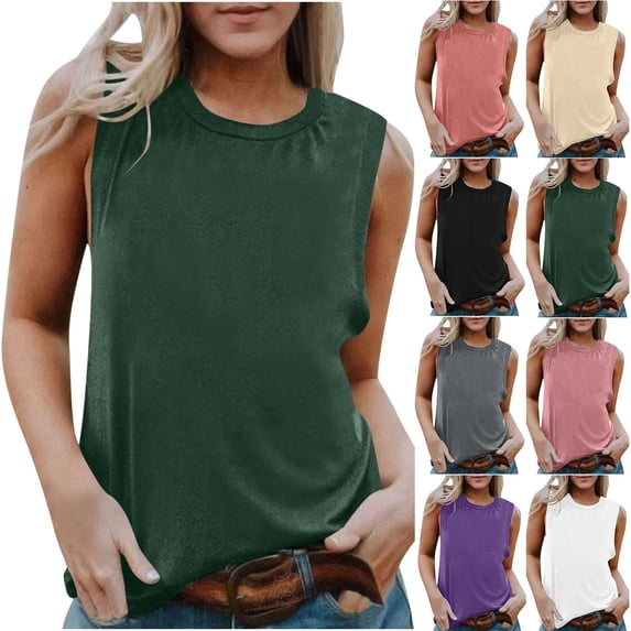 SROBPTY Womens Tops Plus Size, Summer Shirts for Women, Women's Solid Color Round Neck Casual Shirt Tank Tops Sleeveless Blouse Beige M