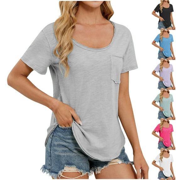 SROBPTY Womens Tops Plus Size, Summer Shirts for Women, Women's Summer Solid Color Crew Neck Short Sleeve Top with Pocket Green S