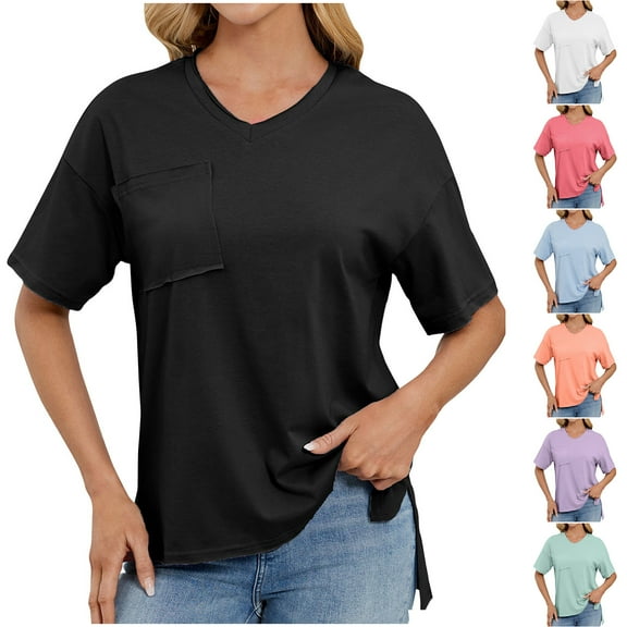 SROBPTY Womens Tops Plus Size, Summer Shirts for Women, Women's Summer Solid Color V Neck Pocket Short Sleeve Top with Slit Hem White S