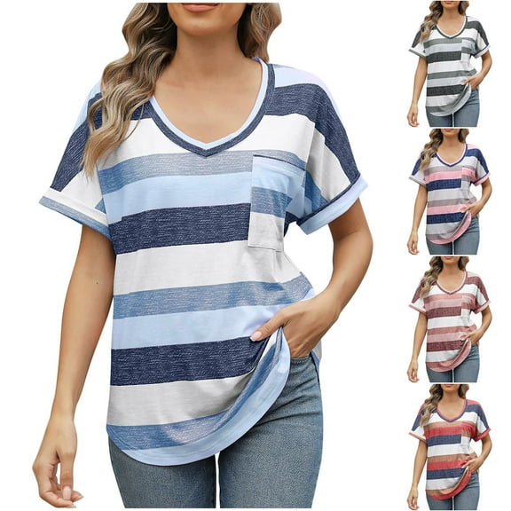SROBPTY Womens Tops Plus Size, Summer Shirts for Women, Womens Loose Casual Striped Contrasting Color Pullover Short Sleeve Top with Pocket Blue S