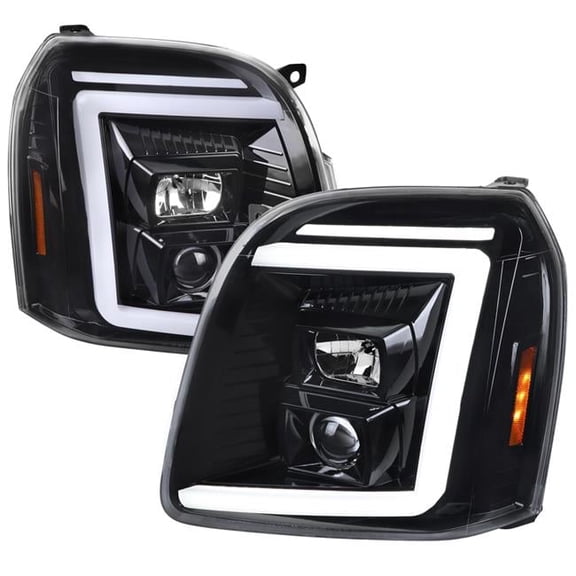 Swtichback & Sequential Turn Signal Projector Headlight with LED Bar Glossy Black Housing & Clear Lens for 2007-2014 GMC Yukon