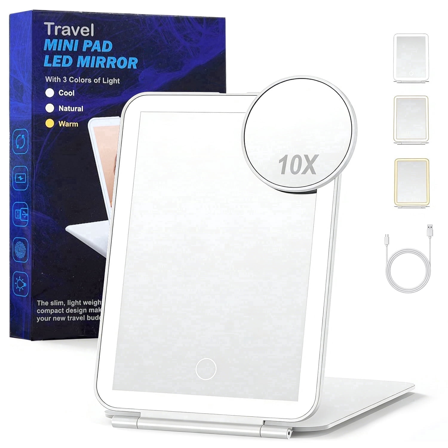 COWIN Folding Lighted Makeup Mirror, with 72 LEDs 3 Colors Light Modes, USB Rechargable 1000mA Batteries, Portable Makeup Mirror,Suitable for Travel