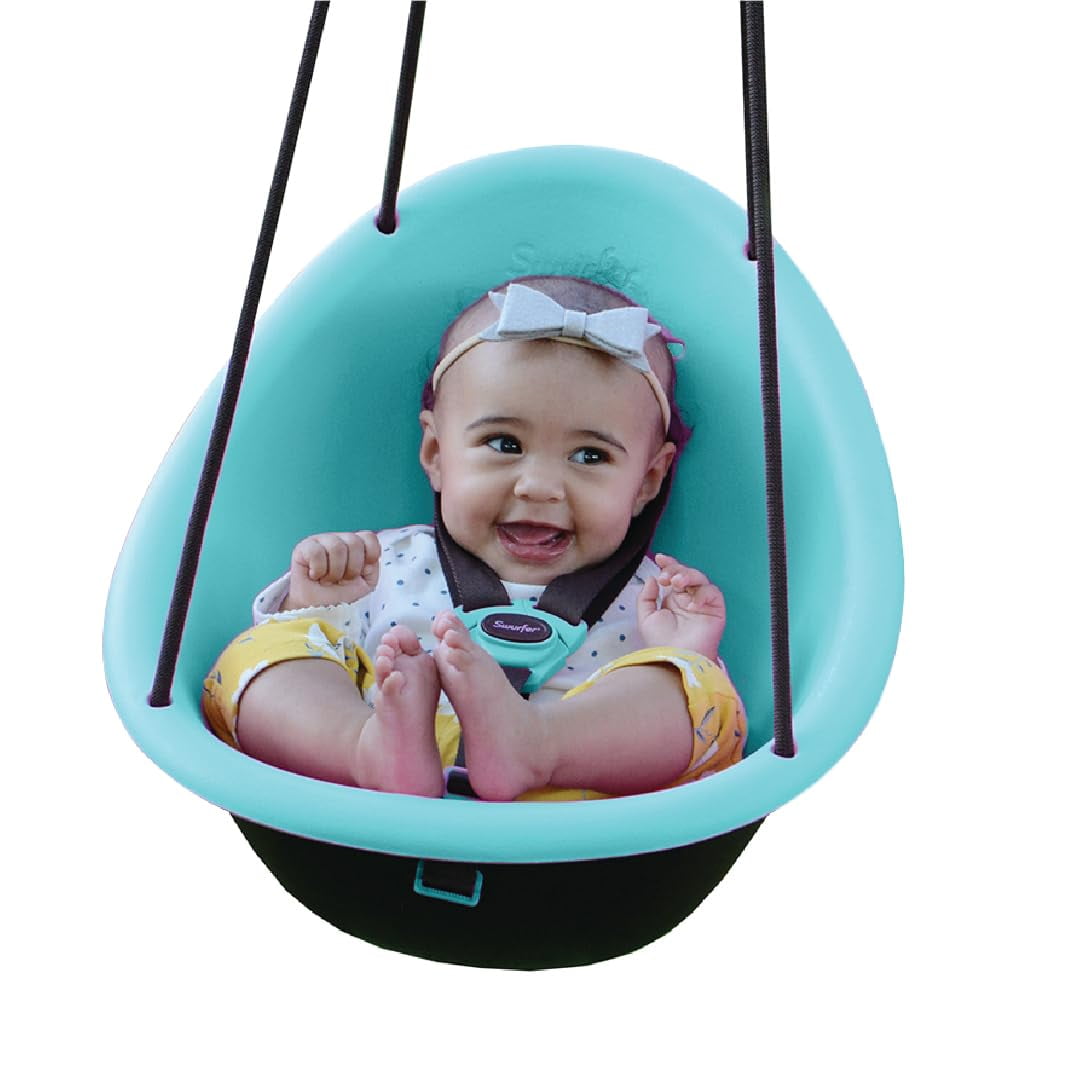 Aqua and Black Ergonomic Toddler Swing with Safety Harness