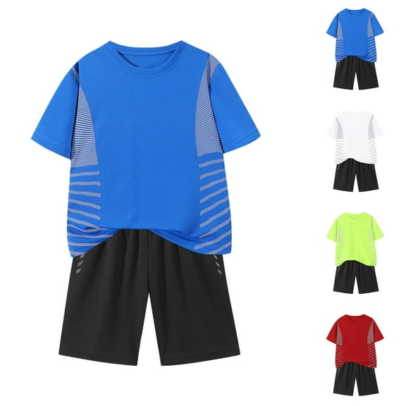 Swuxness Boys Casual Short Sleeve 2 Piece Sets , Summer Outfit Sets for Kids, Fashion Boys' Casual Short Pants and Round Neck Collar Botton Short Sports Suit Sets Blue, 8 Years