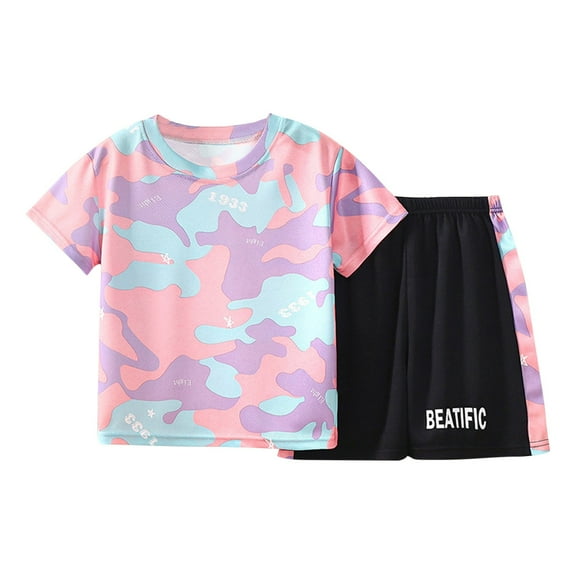 Swuxness Boys Casual Short Sleeve 2 Piece Sets , Summer Outfit Sets for Kids, Fashion Girls' Casual Short Sleeve Round Neck Collar Botton Printed Short Pants Sets Pink, 5 Years