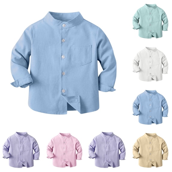 Swuxness Boys Long Sleeve Shirts, Toddler Fall Tops, Boys Solid Color Stand Collar Button Versatile Shirts for Kids Green, 4-5 Years