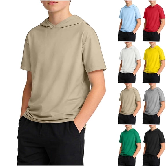 Swuxness Boys Solid Color Short Sleeve Hooded Tops Casual Summer Lightweight Soft Fashion Tee Blue 14-15 Years
