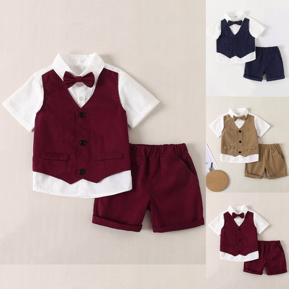 Swuxness Boys Summer Outfits 2 Piece Sets, Boys Short Sleeved Top and Short Set, Kids Fashion Solid Color Turn Down Collar Shirt Casual Suit Blue, 2-3 Years