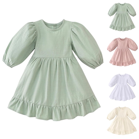Swuxness Girl's Casual Long Sleeve Dress, Kids Dresses, Girl Solid Color Crew Neck Stylish Sweet Versatile Comfortable SoftSleeve A Line Princess Dress White, 4-5 Years