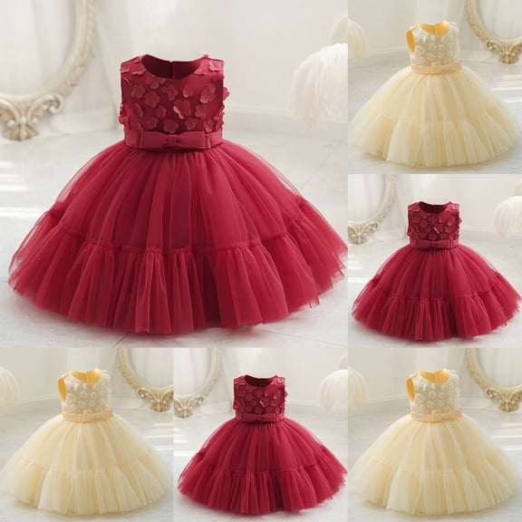 Swuxness Girl's Casual Princess Short Sleeve Dress, Toddler Special Occasion Dresses, Girls Solid Color Round Neck Mesh Puffy Party Princess Dress Soft Breathable and Lightweight Red, 12-24 Months