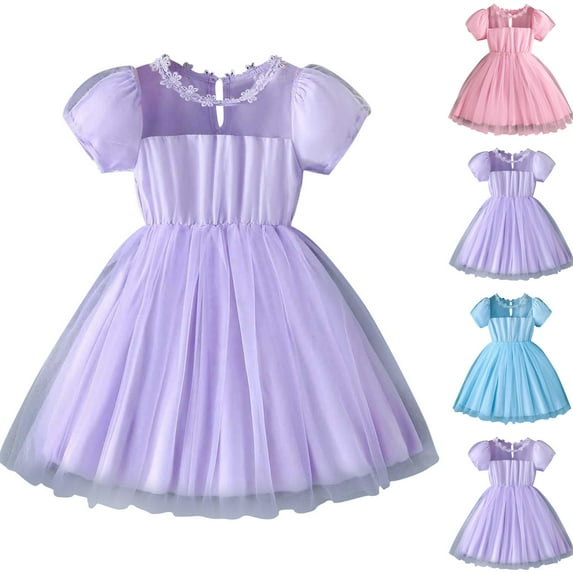 Swuxness Girl's Casual Short Sleeve Dress, Kids Princess Dresses, Kids Girl Solid ColorSleeve Crew Neck Fashion Comfortable Mesh Princess Dress Purple, 7-8 Years
