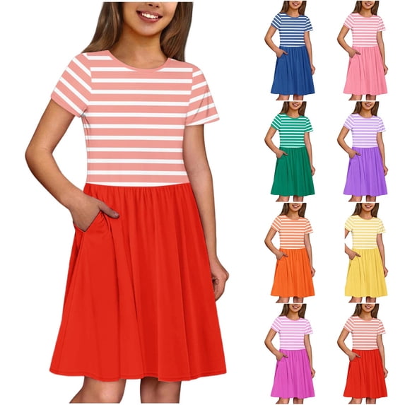 Swuxness Girl's Casual Short Sleeve Dress, Toddler Dresses, Kids Girl Print Stripe Patchwork Dress With Pockets Comfortable Soft Lightweight Pink, 5-6 Years