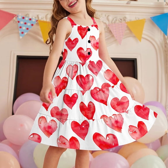 Swuxness Girl's Casual Sleeveless Dress, Kids Long Dresses, Girls Floral Print Round Neck Layered Dress with Button Hem Side Pockets Soft and Lightweight Multicolor, 7-8 Years