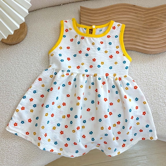 Swuxness Girl's Casual Sleeveless Dress, Toddler Dresses, Girls Floral Print Round Neck Dress Made from Soft Breathable and Lightweight Comfortable Fabric Yellow, 2-3 Years