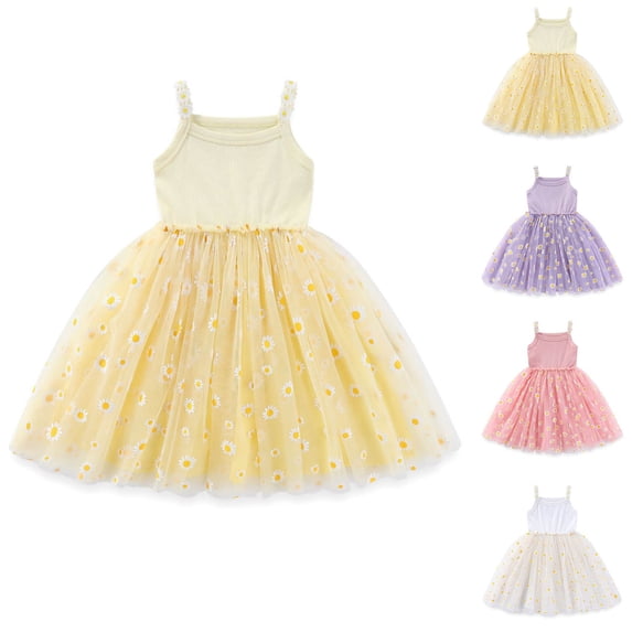 Swuxness Girl's Casual Sleeveless Princess Dress, Toddler Special Occasion Dresses, Girls Print Spaghetti Strap Dress with Mesh Overlay Soft Comfortable Lightweight Layered Dress Purple, 12-18 Months