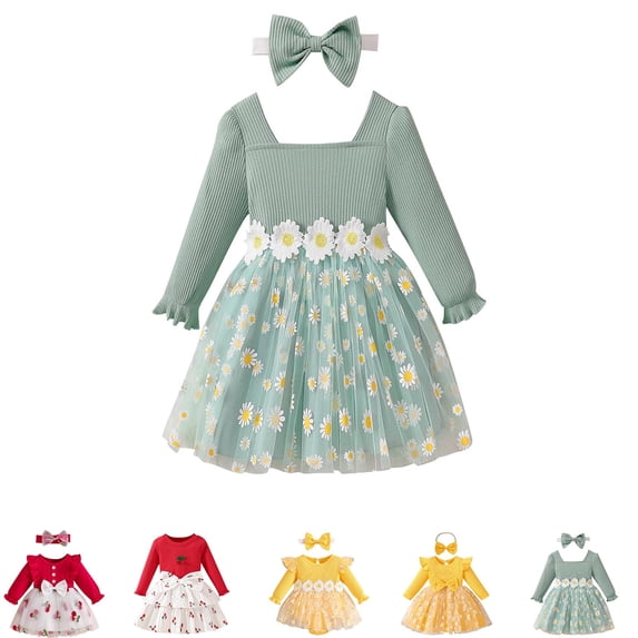 Swuxness Girls A-Line Princess Dresses Long Sleeve Round Neck Print Comfortable Dress