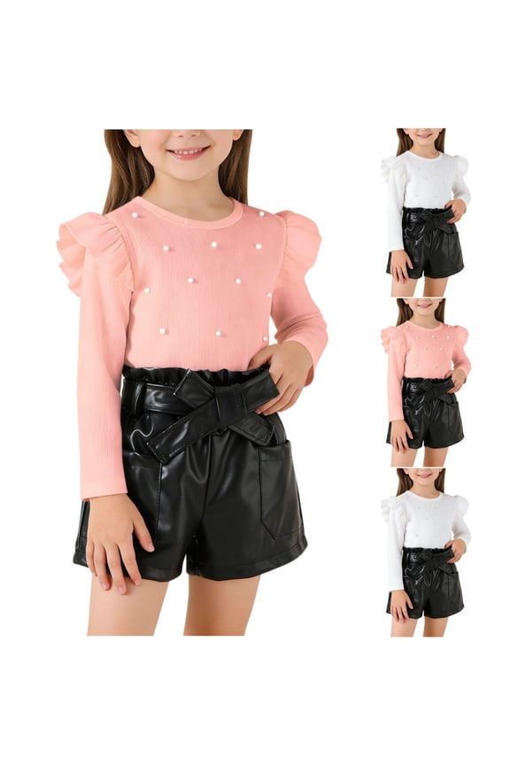 Girls Casual 2 Piece Sets, Girls' Long Sleeved Shirts Short Pants, Girl's Solid Color Round Neck Shirt Wide Leg Outfit Set Pink, 4-5 Years