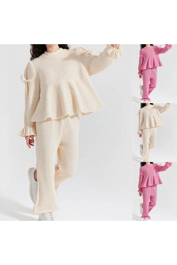 Girls Casual 2 Piece Sets, Girls' Long Sleeved Tops Long Pants, Fashion Toddler Crewneck Shirts Flare-Leg Elastic Waist Pants Athleisure Outfit Pink, 7-8 Years