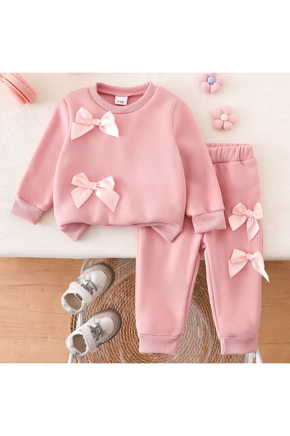 Girls Casual 2 Piece Sets, Girls' Long Sleeved Tops Long Pants, Toddler Crew Neck Sweatshirt Straight-Leg Elastic Waist Sweatpant Athleisure Outfit Pink, 6-9 Months
