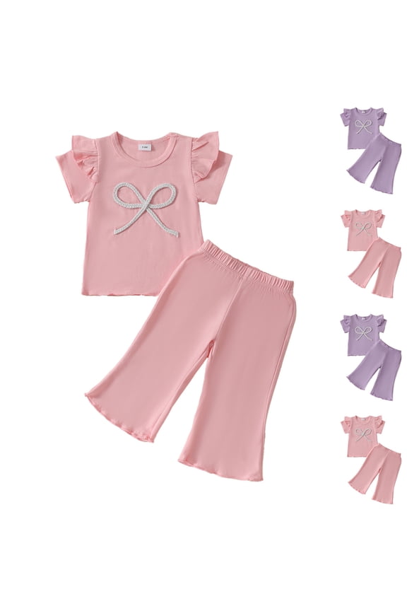 Girls Casual 2 Piece Sets, Girls' Short Sleeved Shirts Outfit, Kids Fashion Crew Neck Pullover T Shirts and Flare-Leg Pants Casual Suit Pink, 6-12 Months