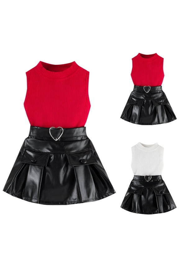 Girls Casual 2 Piece Sets, Girls' Sleeveless Shirts Short Skirt, Fashion Toddler Crew Neck Tank Tops Pleated Skirt Casual Comfortable Outfit White, 1-2 Years