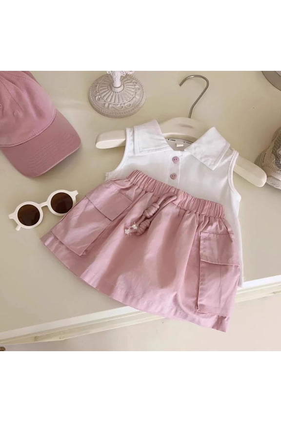 Girls Casual 2 Piece Sets, Girls' Sleeveless Shirts Short Skirt, Fashion Toddler Turn Down Collar Tank Tops A-Line Skirt Casual Comfortable Outfit Pink, 2-3 Years