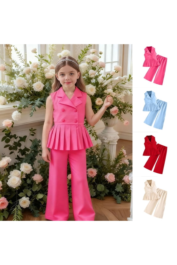 Girls Casual 2 Piece Sets, Girls' Sleeveless Tops Long Pants, Summer Fashion Tank T Shirts Wide-Leg Pants Outfit Sets for Toddler Hot Pink, 7-8 Years