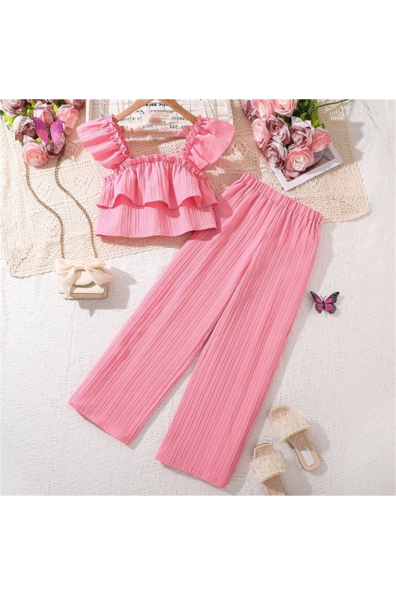 Girls Casual 2 Piece Sets, Girls' Sleeveless Tops Long Pants, Summer Fashion Tank T Shirts Wide-Leg Pants Outfit Sets for Toddler Pink, 8-9 Years
