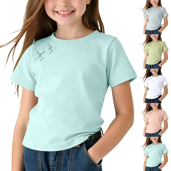 Swuxness Girls Casual Short Sleeve Tops, Spring and Summer Blouses, Kids Solid Color Crew Neck Comfortable Breathable Soft Loose Pullover Tee Light Blue, 1-2 Years