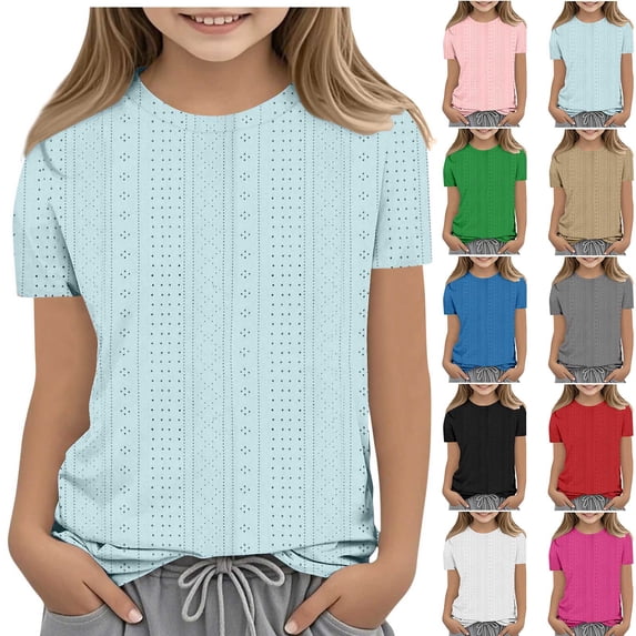 Swuxness Girls Casual Short Sleeve Tops, Spring and Summer Blouses, Kids Solid Color Crew Neck Comfortable Breathable Soft Loose Pullover Tee Pink, 7-8 Years