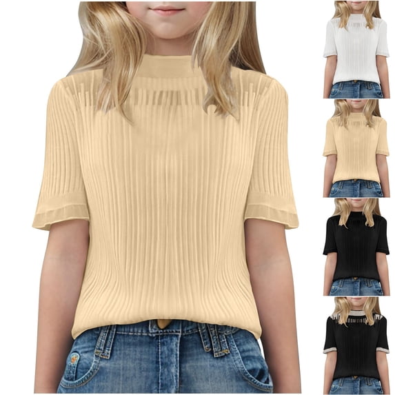 Swuxness Girls Casual Short Sleeve Tops, Spring and Summer Blouses, Kids Solid Color Crew Neck Fashionable Versatile Soft Loose Pullover Tee White, 10-11 Years
