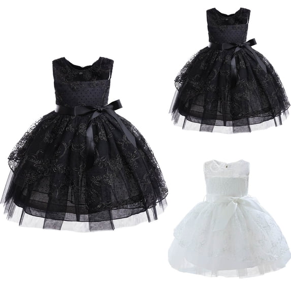 Swuxness Girls Dresses Solid Color Crew Neck Sleeveless Mesh Lace Cutout Princess Formal Gown