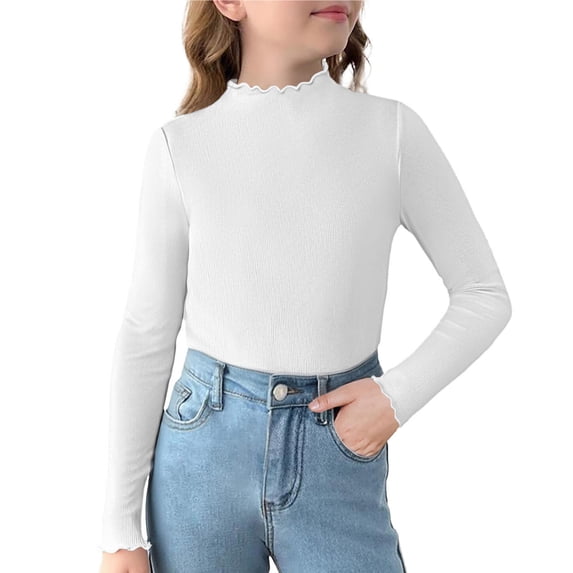 Swuxness Girls' Fleece Long Sleeve Shirt, Toddler Fall Tops, Middle Big Girls Winter Fleece Lastic Warm High Neck Versatile T Shirt for Kids White, 9-10 Years