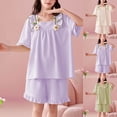 thumbnail image 1 of Swuxness Girls Home Wear 2 Piece Sets, Summer Short Sleeve Sets for Kids, Children's Summer Solid Color Thin Home Clothing with Ruffle Round-Neck Blouses Beige, 14-15 Years, 1 of 5