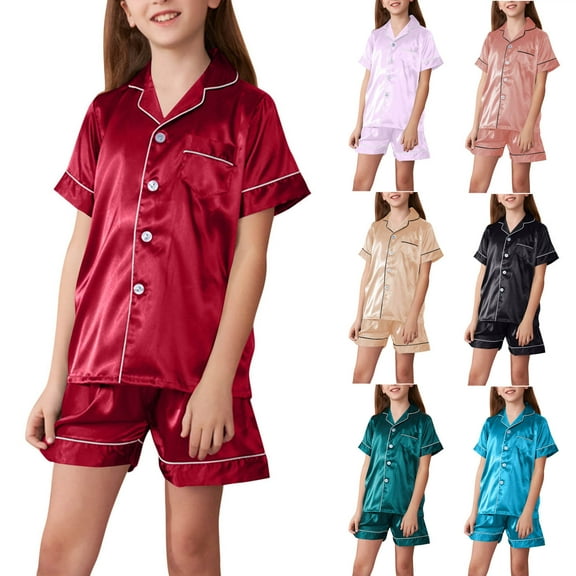 Swuxness Girls Home Wear 2 Piece Sets, Summer Short Sleeve Sets for Kids, Children's Solid Color Home Clothing Round-Neck Blouses Orange, 6-7 Years