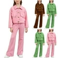 thumbnail image 1 of Swuxness Girls' Long Sleeve 2 Piece Set, Kids Straight Long Pants Set, Girls Solid Collared Denim Cardigan Jacket with Wide Leg Jeans Casual OutFitted Set Brown, 5-6 Years, 1 of 5