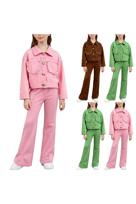 Girls 2-Piece Suits Long Sleeve Solid Denim Jacket with Wide Leg Denim Pants Fall Fashion