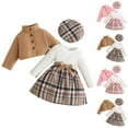 thumbnail image 1 of Swuxness Girls' Long Sleeve Coat 2 Piece Set, Kids Short Dress Set, Girls Fleece Solid Stand Collar Jacket Classic Plaid Belted Dress and Beret Set 3 Piece Khaki, 12-18 Months, 1 of 5