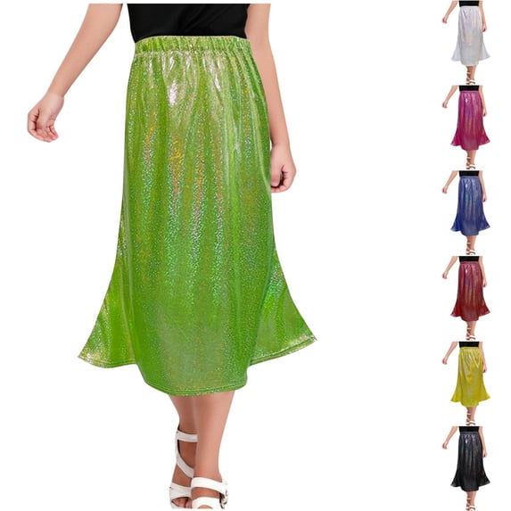 Swuxness Girls Sequin Flare Skirts, Kids Casual Half Skirt, Toddler Solid Color Long Fan Shape Fashion Lightweight Soft Comfortable Skirts Silver, 3-4 Years