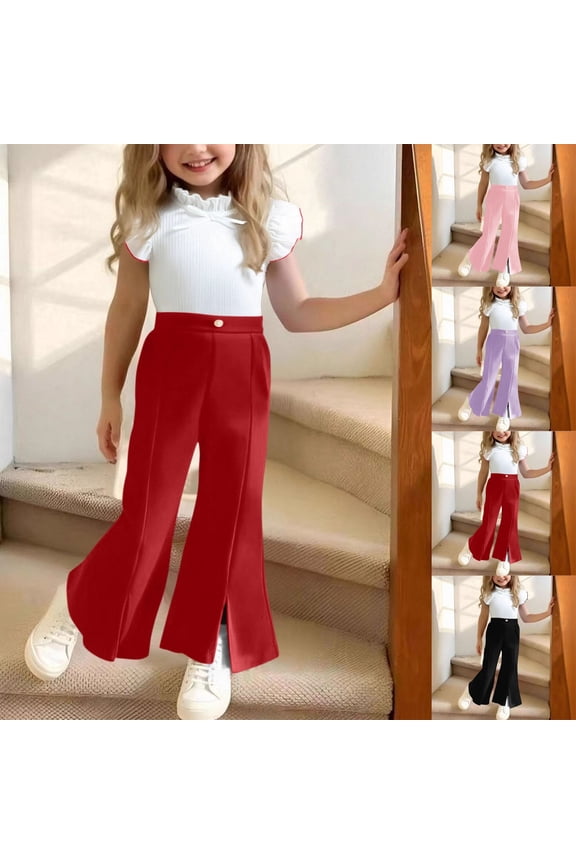 Girls Sleeveless Tops 2-Piece Suits Garment Printed Ruffle Slit Flare Trousers