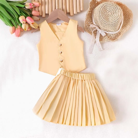Swuxness Girls Sleeveless Tops 2-Piece Suits V Neck Pleated Mini Skirt Fashion Daily Matchings