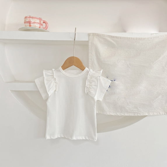 Swuxness Girls Solid Color Lace Sleeve Short Sleeve T-Shirts Tops Soft Casual Fashion Tee for Girls White