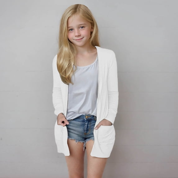 Swuxness Girls Solid Color Long Sleeve Cardigan Tops with Pockets Casual Open Front Soft Fashion Shirts White 13-14 Years