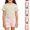 thumbnail image 1 of Swuxness Girls Solid Color Short Sleeve T-Shirts Tops Pleated Side Breathable Crew Neck Tee Beige, 1 of 5
