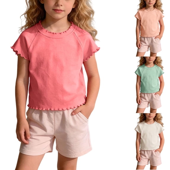 Swuxness Girls Solid Color Short Sleeve T-Shirts Tops Ruffle Hem Casual Fashion Crew Neck Tee Orange