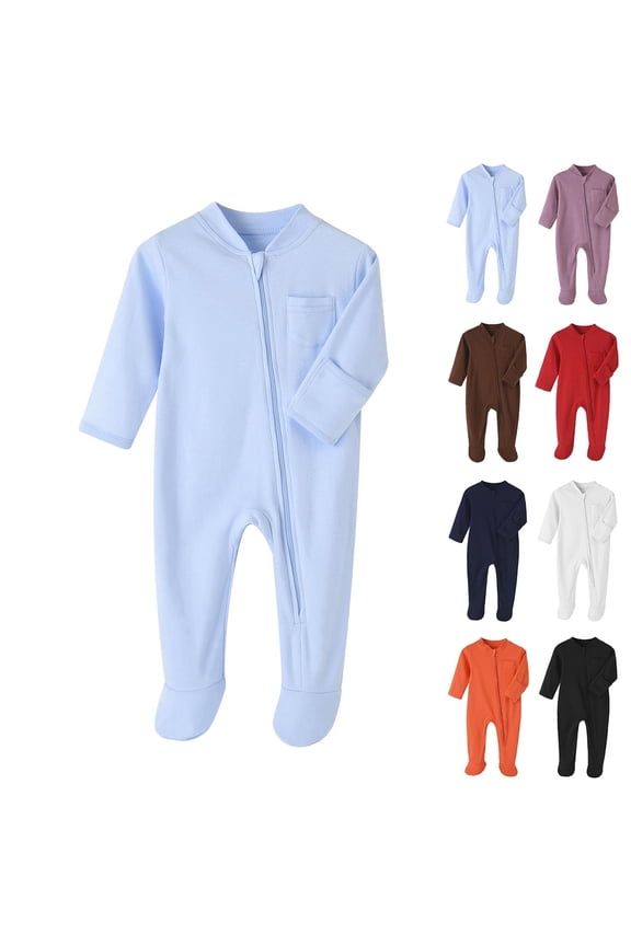 Kids Newborn Long Sleeve Footed Rompers Pocket Zipper Full Length Breathable Outfits