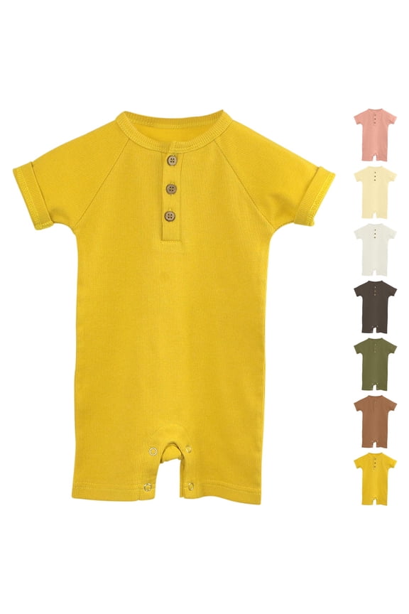 Kids Short Sleeve Rompers Solid Color Ribbed Fabric Raglan Short Length Casual Summer