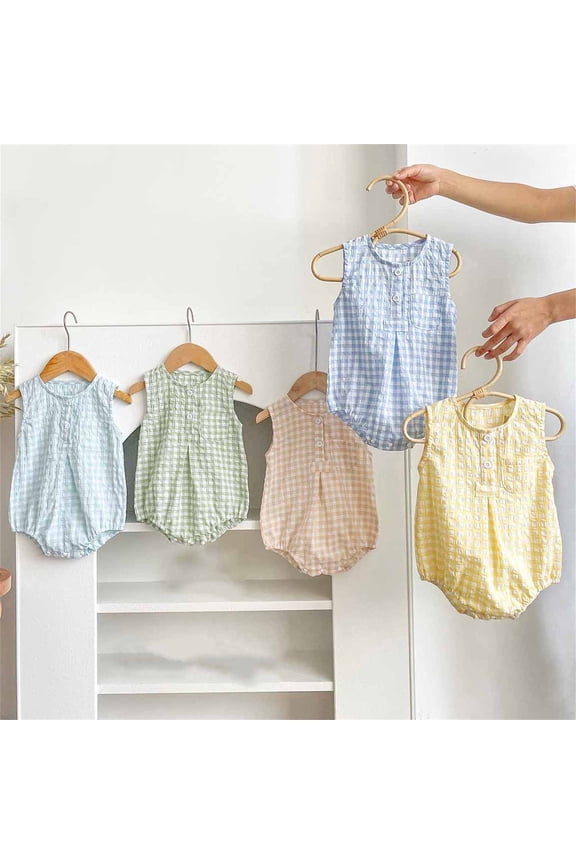 Kids Sleeveless Rompers Plaid Breathable Casual Summer Short Length Garments