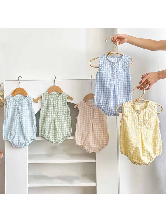 Kids Sleeveless Rompers Plaid Breathable Casual Summer Short Length Garments