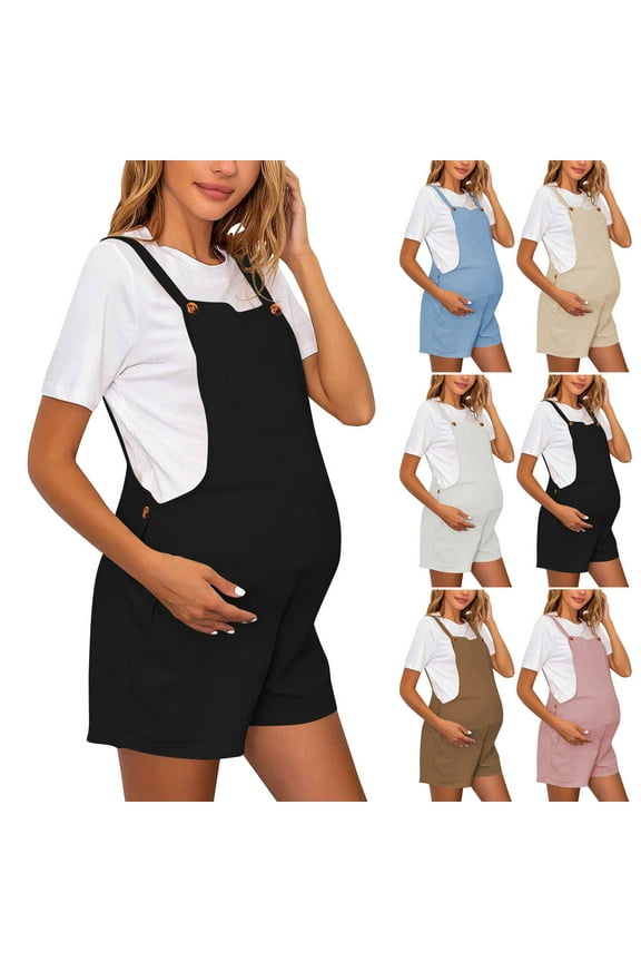 Maternity Casual Jumpsuit Shorts, Pregnant Sports Pants, Women Solid Color Adjustable Straps Romper with Removable Belly Panel Comfortable Denim Overalls Brown, M